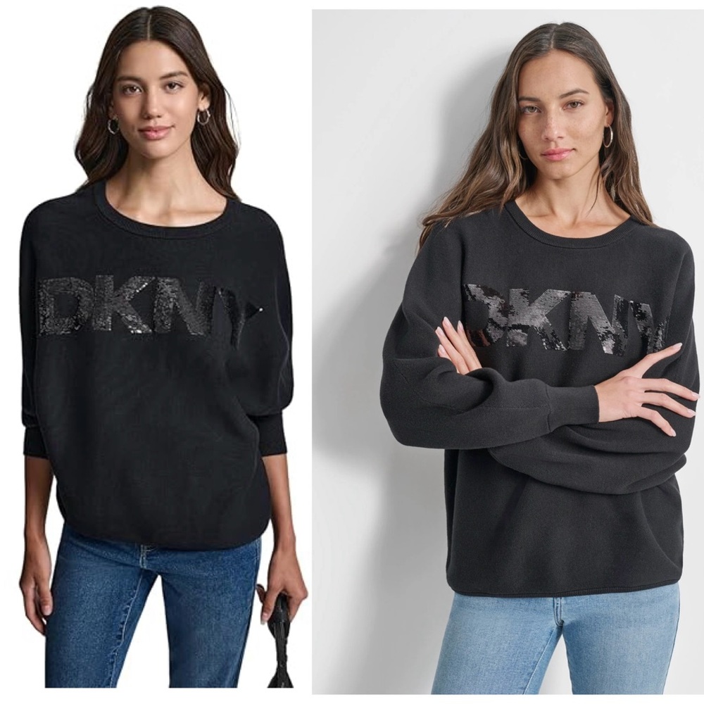 DKNY Jeans black sequin sparkly logo long web sleeve oversized sweater Sz L